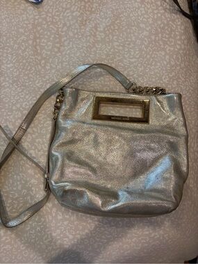 Michael Kors Shimmery Silver Leather Crossbody Bag with Gold-Tone Trim
